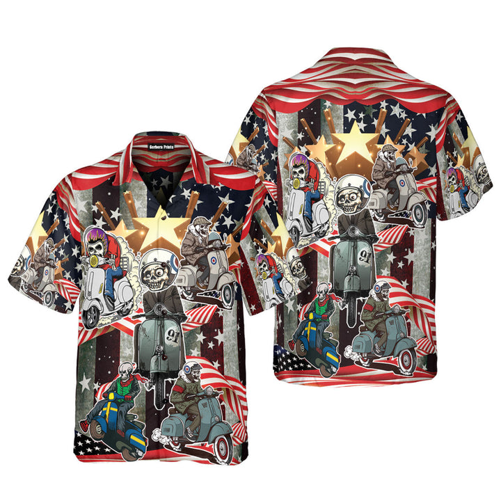 Scooter Skeleton USA American Flag Independence Day 4th Of July Outfit Hawaiian Shirt