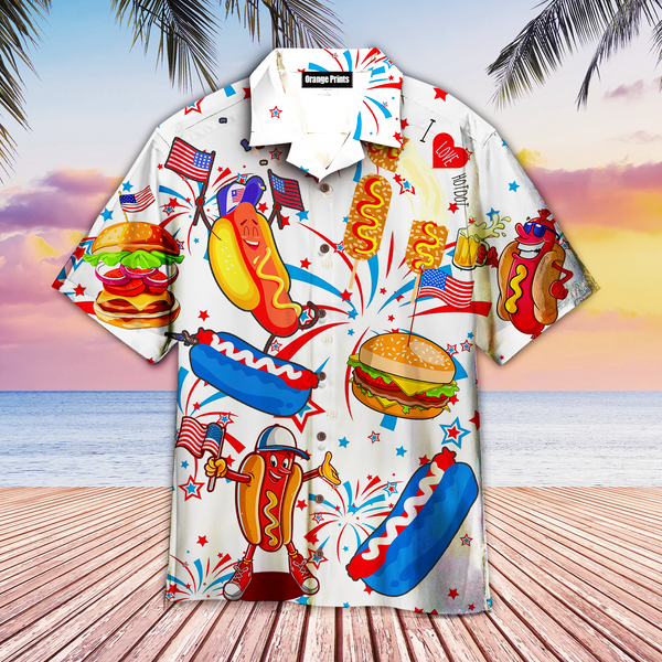 American Hot Dog 4th Of July Outfit Independence Day Patriotic White Hawaiian Shirt