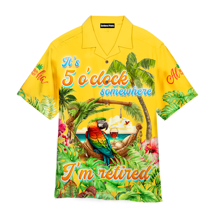 Jimmy Buffett It's 5 O'Clock Somewhere Parrot Yellow Tropical Hawaiian Shirt