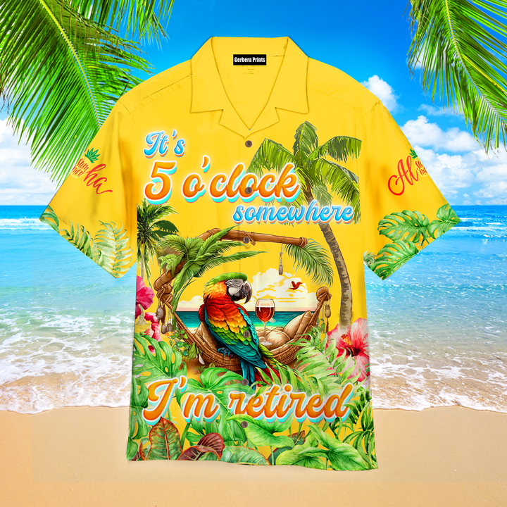 Jimmy Buffett It's 5 O'Clock Somewhere Parrot Yellow Tropical Hawaiian Shirt