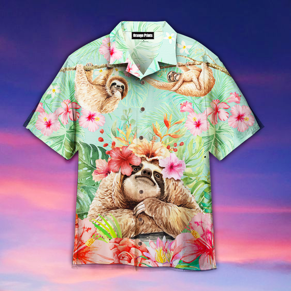 Hibiscus Flower Sloth Tropical Hawaiian Shirt