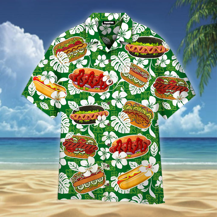 Hot Dog Hibiscus Flower Tropical Hawaiian Shirt