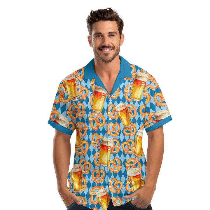 Oktoberfest Beer Pretzels Blue Checkered Hawaiian Shirt