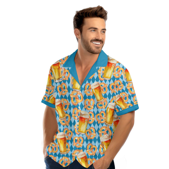 Oktoberfest Beer Pretzels Blue Checkered Hawaiian Shirt