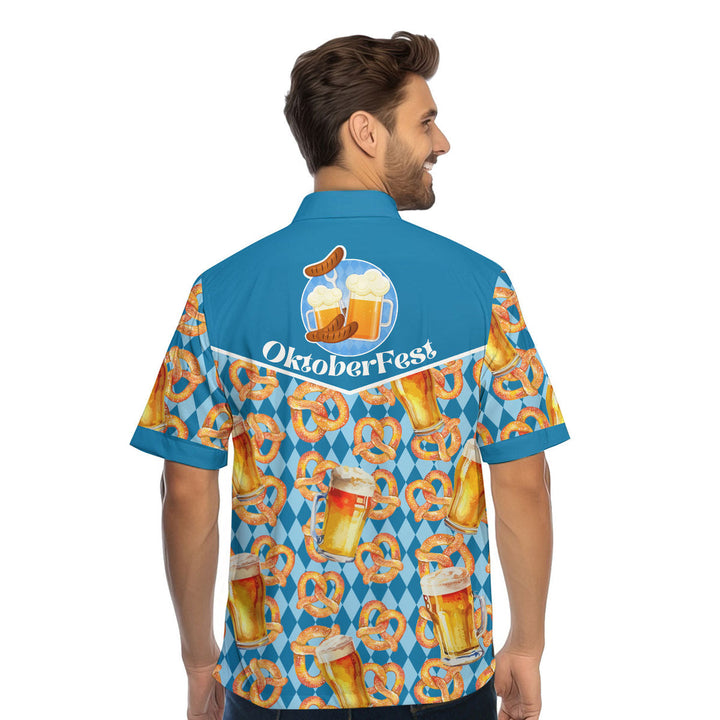 Oktoberfest Beer Pretzels Blue Checkered Hawaiian Shirt