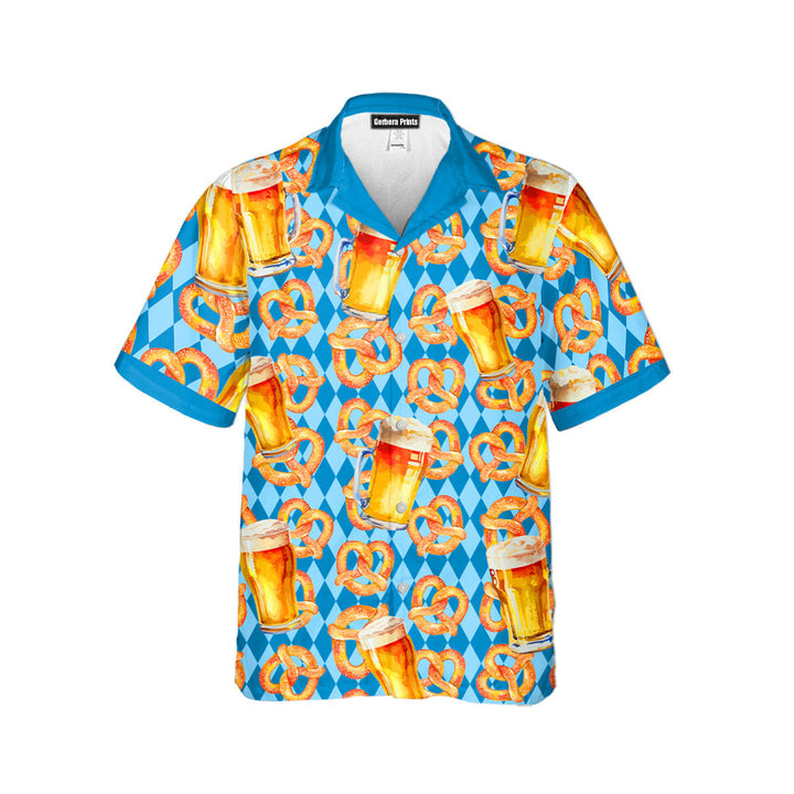 Oktoberfest Beer Pretzels Blue Checkered Hawaiian Shirt