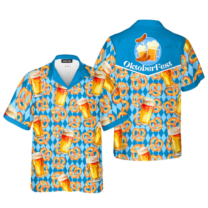 Oktoberfest Beer Pretzels Blue Checkered Hawaiian Shirt