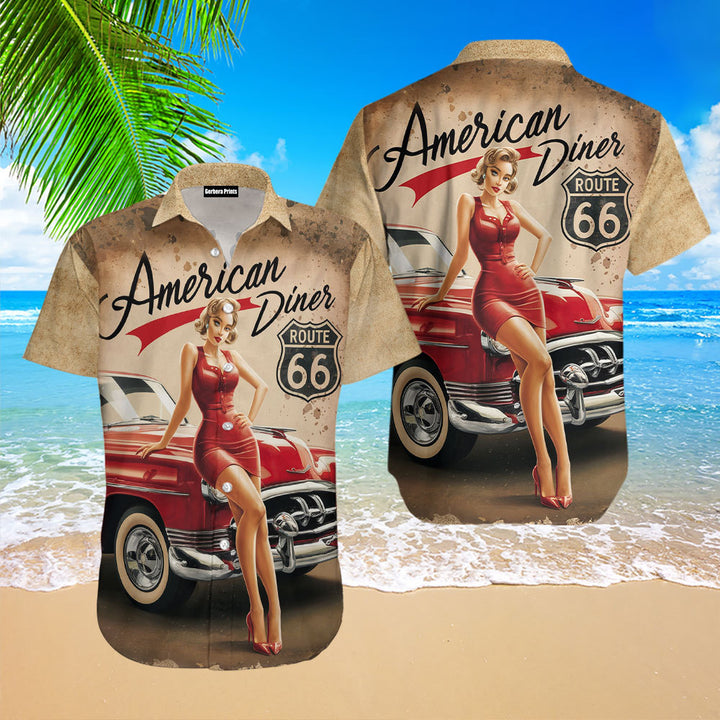 Pin Up Girl Vintage Classic Car Route 66 Hawaiian Shirt