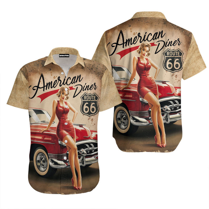 Pin Up Girl Vintage Classic Car Route 66 Hawaiian Shirt