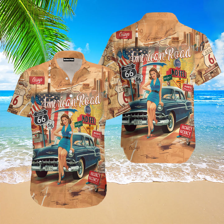 Pin Up Girl Vintage Route 66 Classic Car Hawaiian Shirt