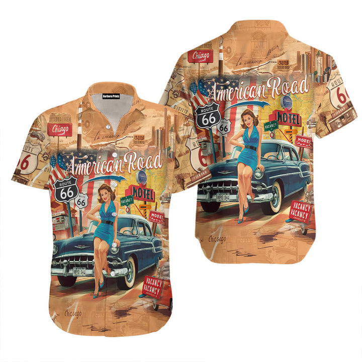 Pin Up Girl Vintage Route 66 Classic Car Hawaiian Shirt