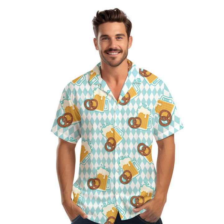 Oktoberfest Beer And Pretzels Blue Checkered Hawaiian Shirt 