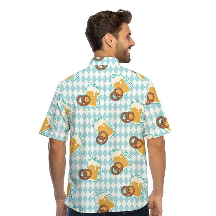 Oktoberfest Beer And Pretzels Blue Checkered Hawaiian Shirt 