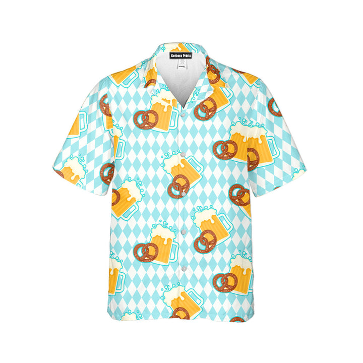 Oktoberfest Beer And Pretzels Blue Checkered Hawaiian Shirt 