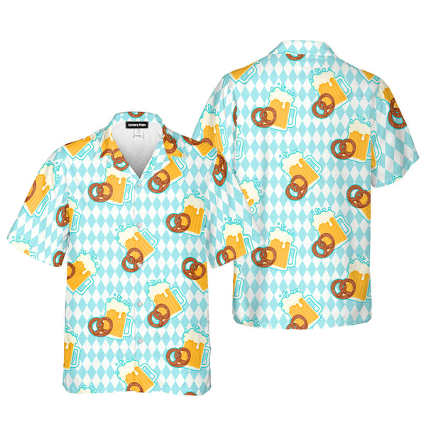 Oktoberfest Beer And Pretzels Blue Checkered Hawaiian Shirt 