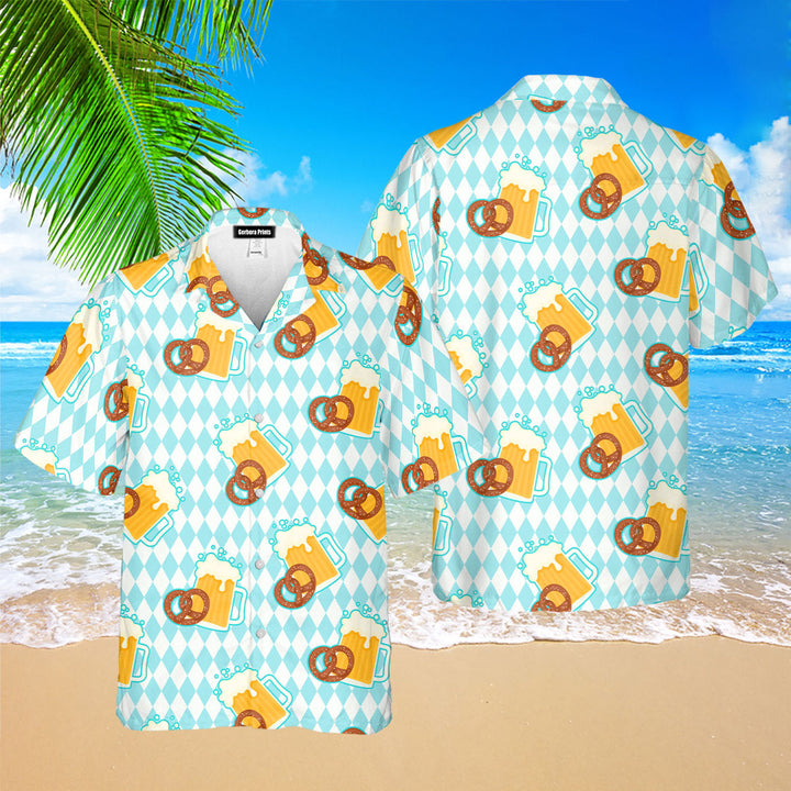 Oktoberfest Beer And Pretzels Blue Checkered Hawaiian Shirt 