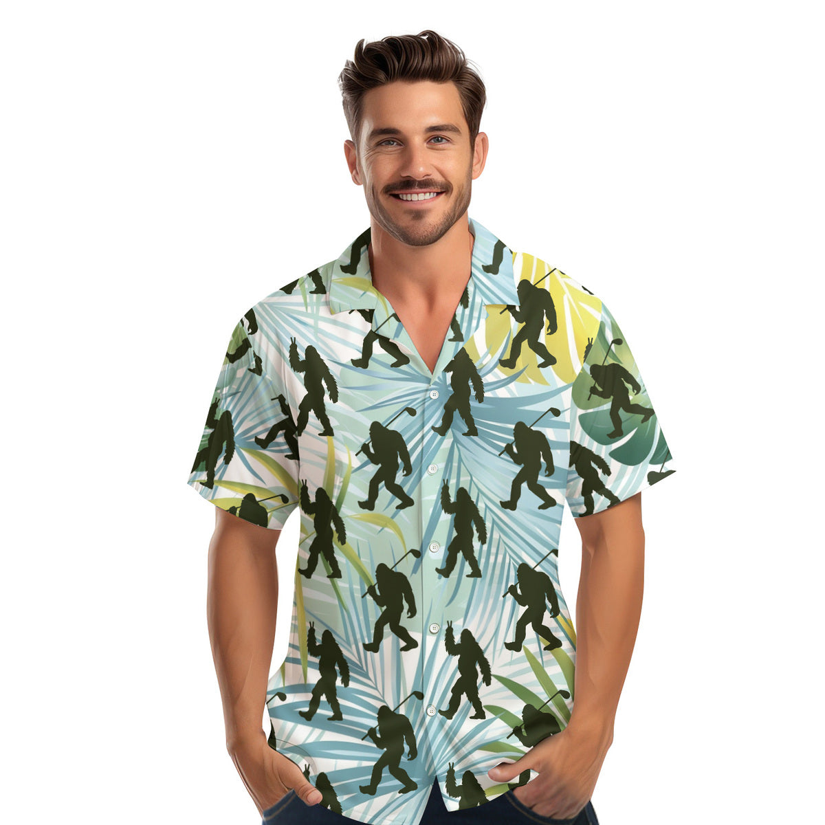 Bigfoot Sasquatch Golf Shirt Tropical Palm Leaves - Golf Hawaiian Shirt