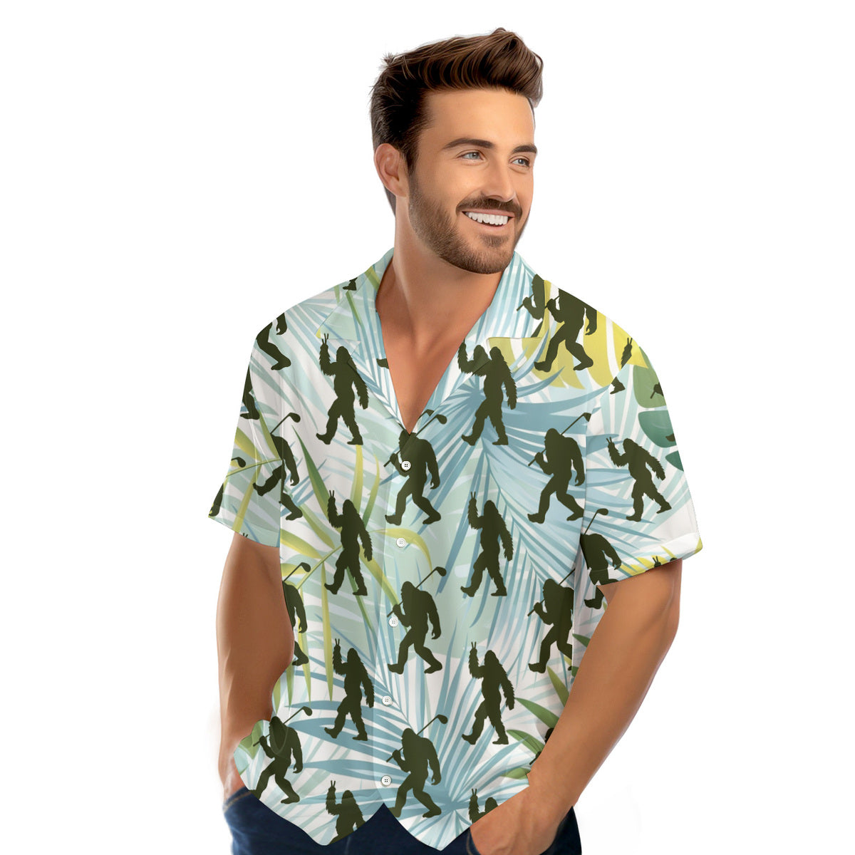 Bigfoot Sasquatch Golf Shirt Tropical Palm Leaves - Golf Hawaiian Shirt