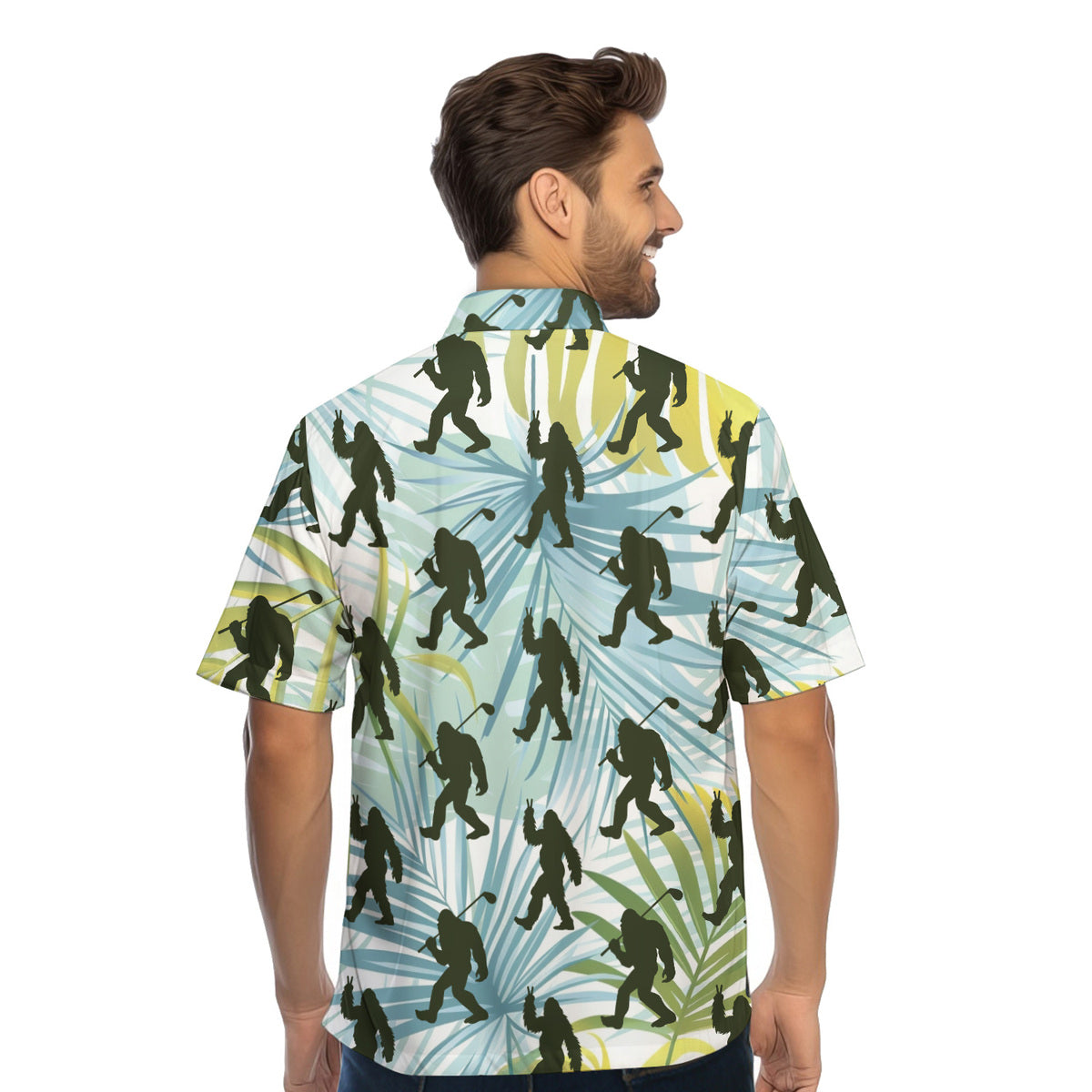 Bigfoot Sasquatch Golf Shirt Tropical Palm Leaves - Golf Hawaiian Shirt
