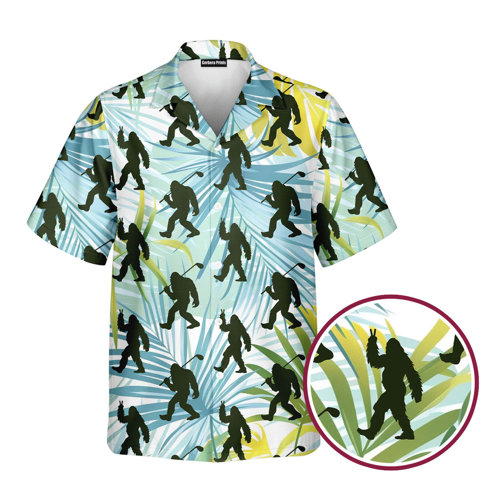 Bigfoot Sasquatch Golf Shirt Tropical Palm Leaves - Golf Hawaiian Shirt