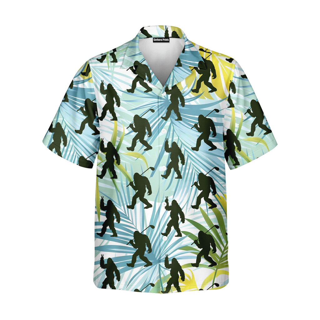 Bigfoot Sasquatch Golf Shirt Tropical Palm Leaves - Golf Hawaiian Shirt