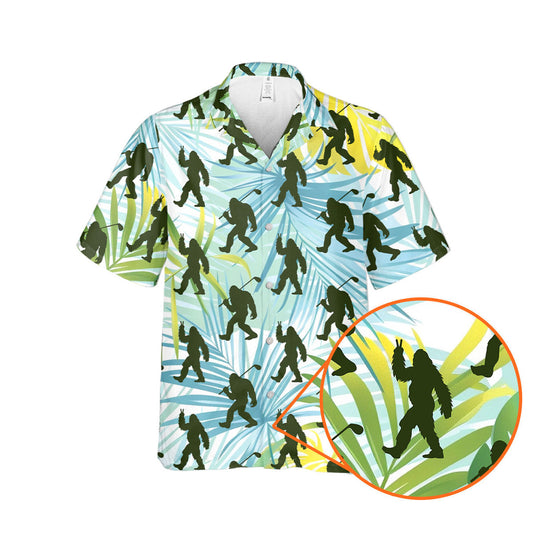 Bigfoot Sasquatch Golf Shirt Tropical Palm Leaves - Golf Hawaiian Shirt