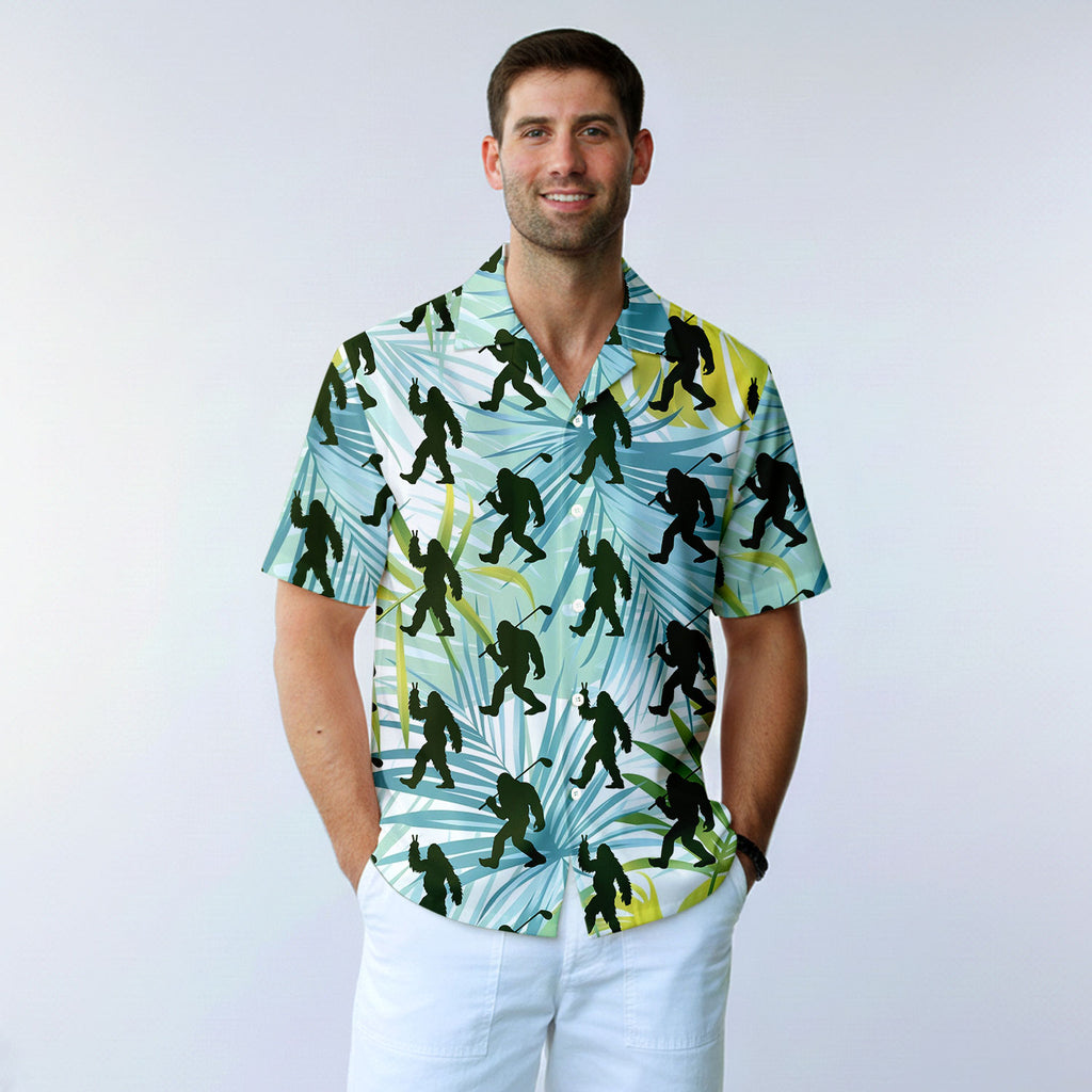 Bigfoot Sasquatch Golf Shirt Tropical Palm Leaves - Golf Hawaiian Shirt