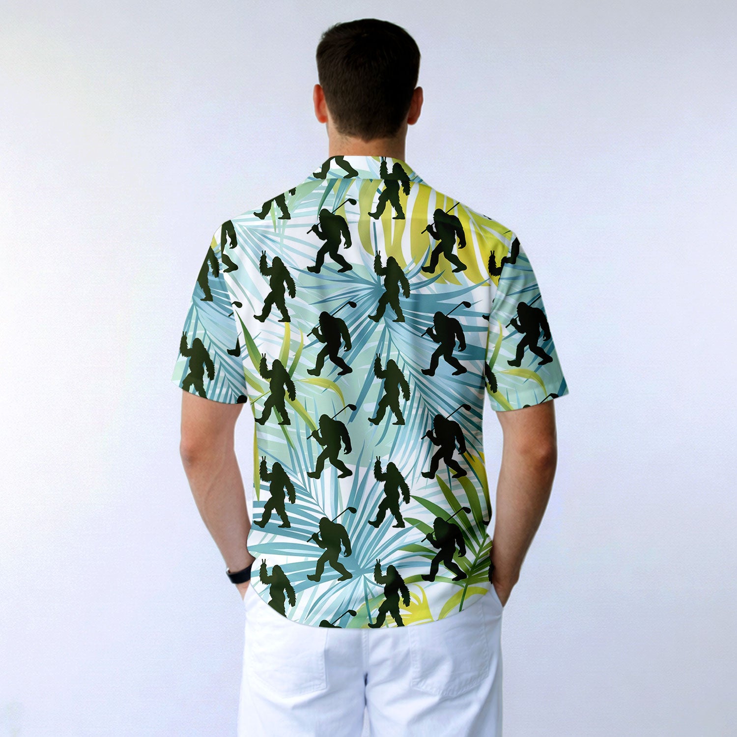 Bigfoot Sasquatch Golf Shirt Tropical Palm Leaves - Golf Hawaiian Shirt