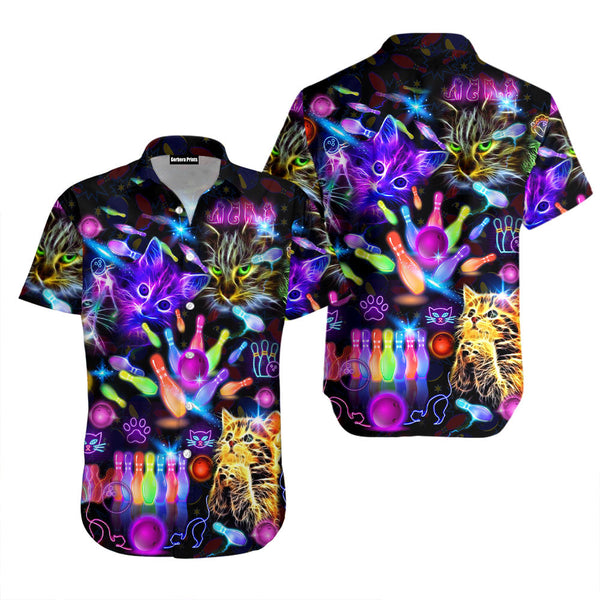 Neon Kitty Play Bowling In The Dark Colorful Hawaiian Shirt