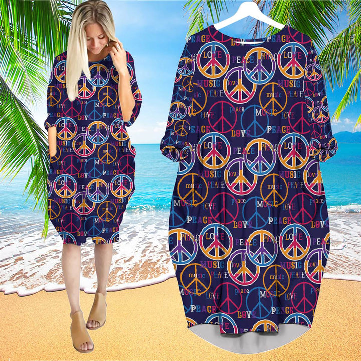 Hippie Peace Love Music Long Sleeve Midi Dress | MD1459