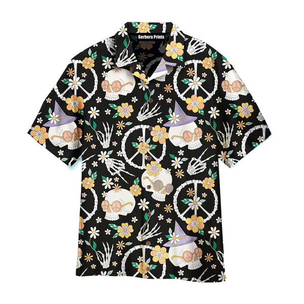 Hippy Bony Halloween Skull Peace Aloha Hawaiian Shirts For Men And For Women WT7279 Gerbera Prints