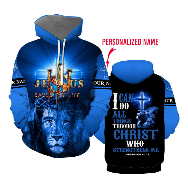 I Can Do All Things Through Christ Who Strengthens Me Lion Blue Custom Name Hoodie For Men & Women