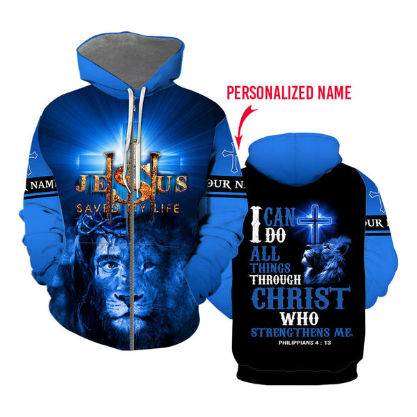 I Can Do All Things Through Christ Who Strengthens Me Lion Blue Custom Name Zip Up Hoodie For Men & Women