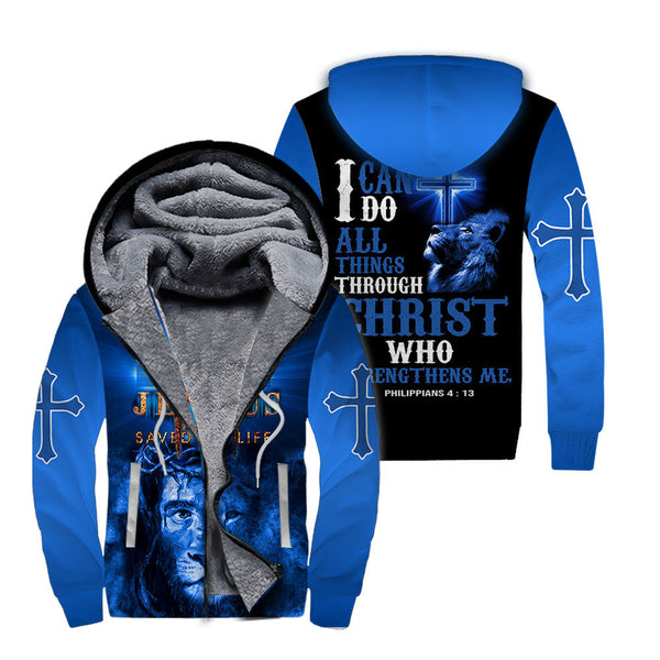 I Can Do All Things Through Christ Who Strengthens Me Lion Blue Fleece Zip Hoodie For Men & Women FT4895N