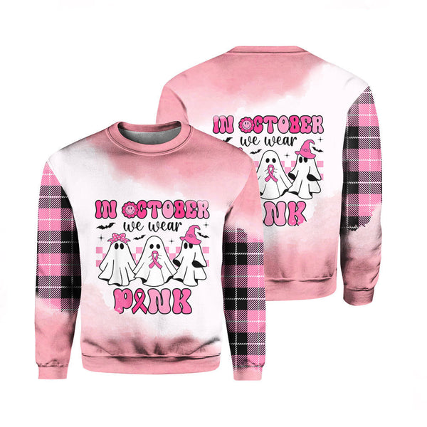 In October We Wear Pink Ghost Crewneck Sweatshirt For Men & Women FHT1128-Crewneck Sweatshirt-Gerbera Prints.
