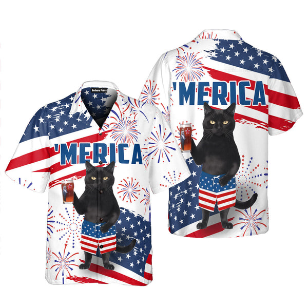 Independence Day 4th Of July Black Cat American Flag Aloha Hawaiian Shirts For Men & For Women WT2293
