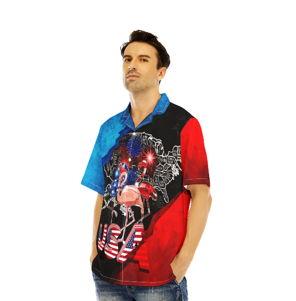 Independence Day 4th Of July The Stork And The American Flag Flamingo Firework Blue And Black Aloha Hawaiian Shirts For Men And For Women WT9057
