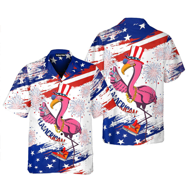 Independence Day 4th of July Flamingo Flamerican American Flag American Flag Aloha Hawaiian Shirts For Men & For Women WT2294