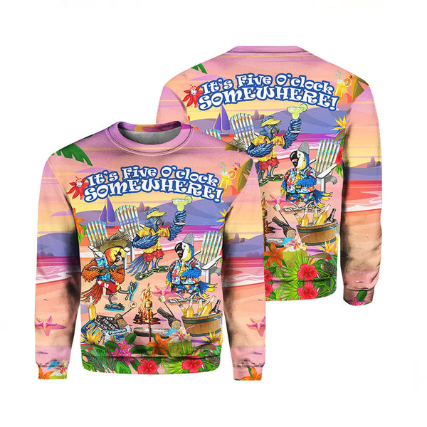 It's 5 O'clock Somewhere Parrot Party On The Beach Crewneck Sweatshirt All Over Print For Men & Women TH1289-Crewneck Sweatshirt-Gerbera Prints.