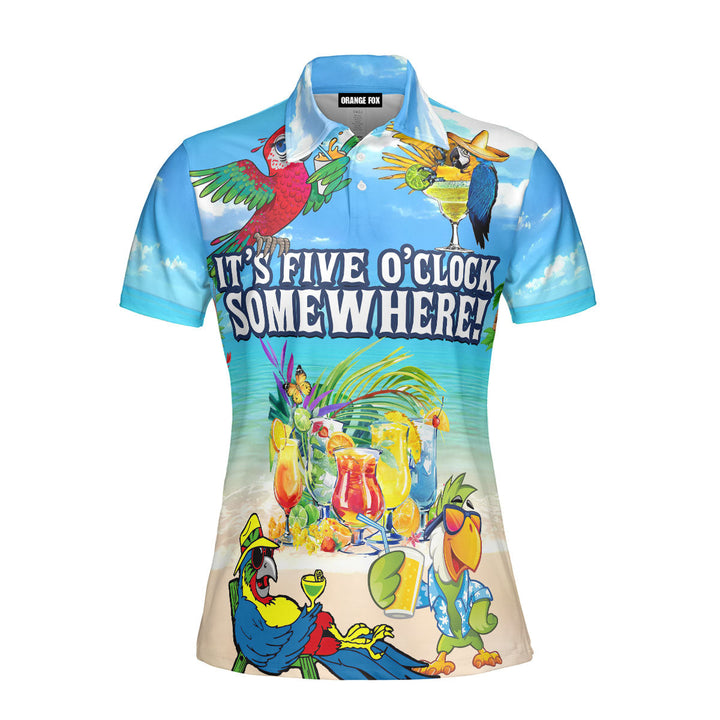 It's 5 O'clock Somewhere - Gift for Women, Drinkers, Parrot Lovers - Blue Summer Beach Drinking Parrot Polo Shirt