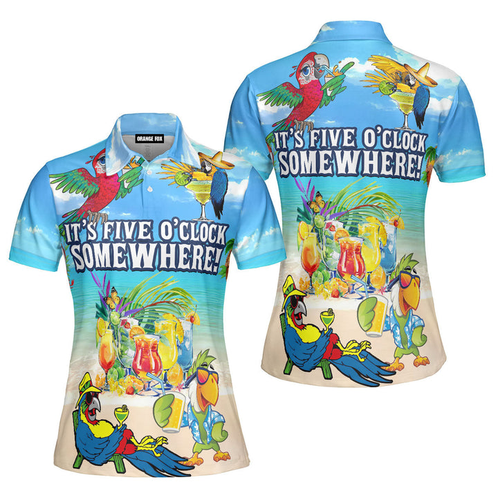 It's 5 O'clock Somewhere - Gift for Women, Drinkers, Parrot Lovers - Blue Summer Beach Drinking Parrot Polo Shirt