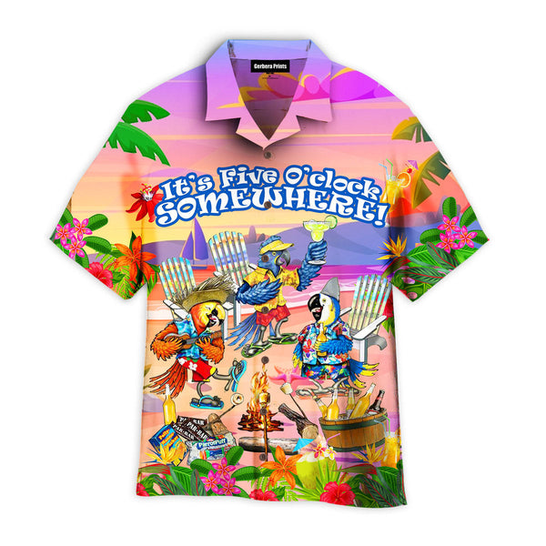 Jimmy Buffett's Margaritaville It's 5 O'clock Somewhere Parrot Party With Beer On The Beach Colorful Aloha Hawaiian Shirts For Men And For Women WT9613