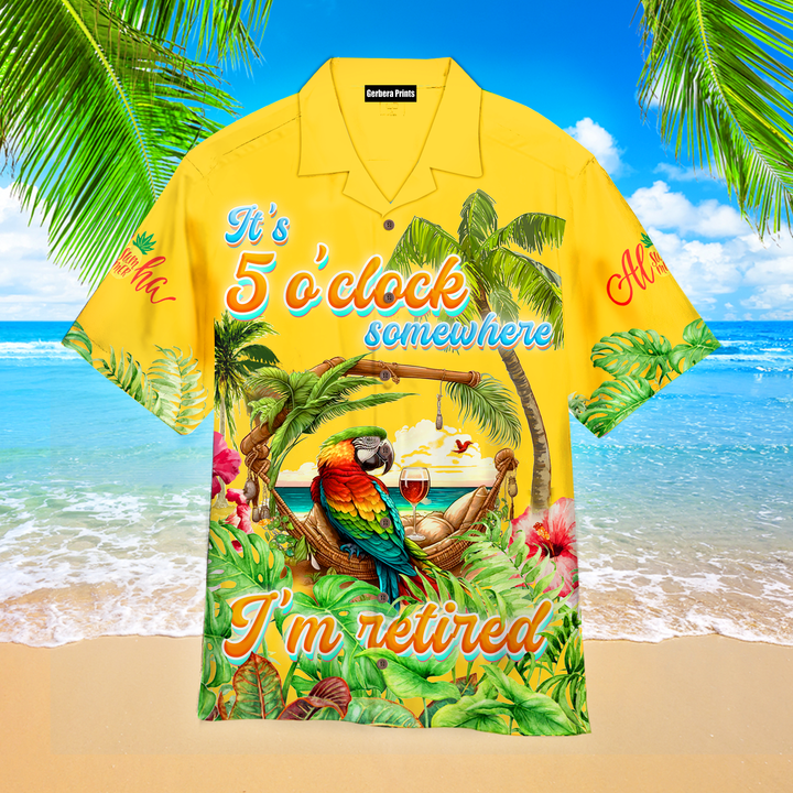 Jimmy Buffett's Margaritaville It's 5 O'clock Somewhere Parrot Yellow Tropical Aloha Hawaiian Shirts For Men And For Women WT8164 Gerbera Prints