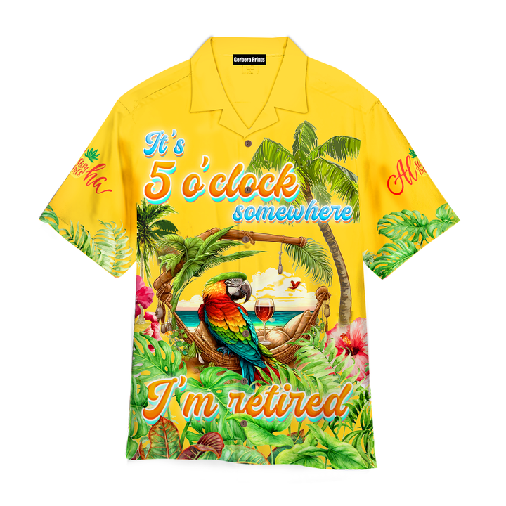 Jimmy Buffett's Margaritaville It's 5 O'clock Somewhere Parrot Yellow Tropical Aloha Hawaiian Shirts For Men And For Women WT8164 Gerbera Prints