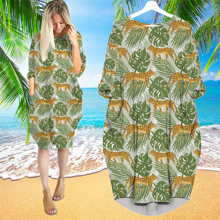 Jaguar And Tropical Leaves Seamless Pattern Long Sleeve Midi Dress | MD1529