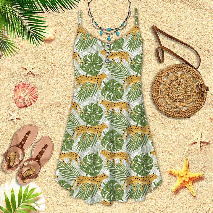 Jaguar And Tropical Leaves Seamless Pattern Spaghetti Strap Summer Dress | SD1529