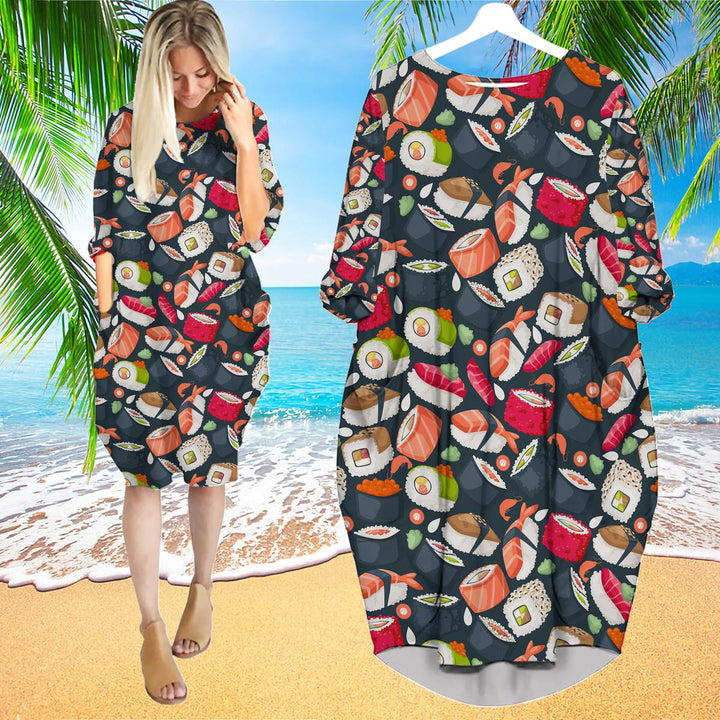 Japanese Sushi Long Sleeve Midi Dress | MD1468