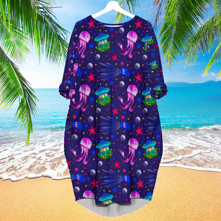 Jellyfish Sealife Colorful Long Sleeve Midi Dress | MD1730