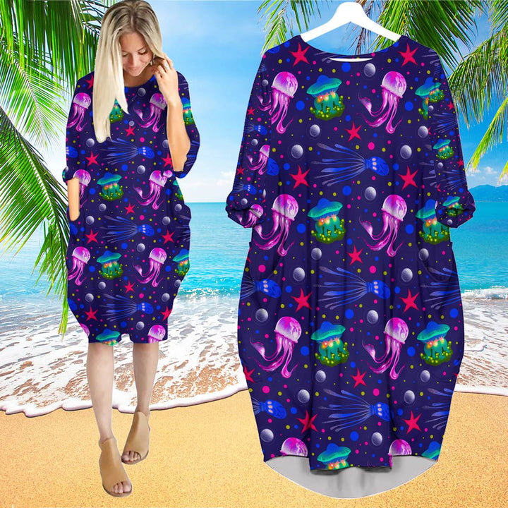 Jellyfish Sealife Colorful Long Sleeve Midi Dress | MD1730