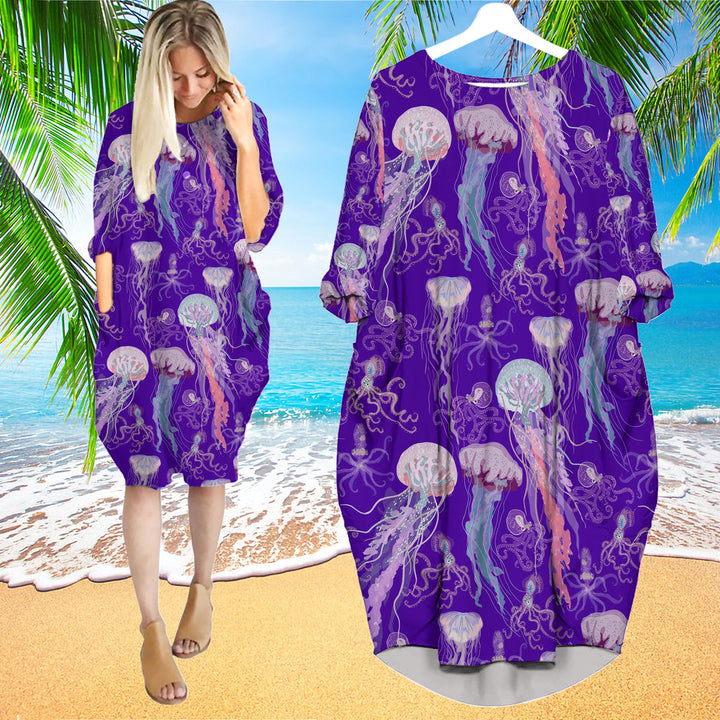 Jellyfish Squid Swimming Undersea Long Sleeve Midi Dress | MD1114